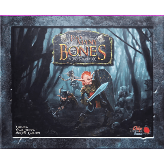 The cover art of Chip Theory Games’ Too Many Bones features fantasy heroes with weapons in a misty forest, the game title displayed above and creators' names at the lower left of this cooperative dice-builder RPG.