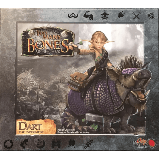 The cover of "Too Many Bones: Dart Add-on Character" by Chip Theory Games features Dart, an elf-like character riding a spiked purple beast, set in a fantasy world with game icons and title text highlighting distinctive gameplay.