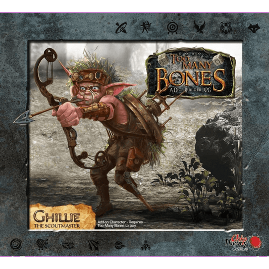 Ghillie the Scoutmaster, a goblin-like archer in leaves and goggles, appears in Chip Theory Games’ Too Many Bones: Ghillie Add-on Character for the Dice Builder RPG.