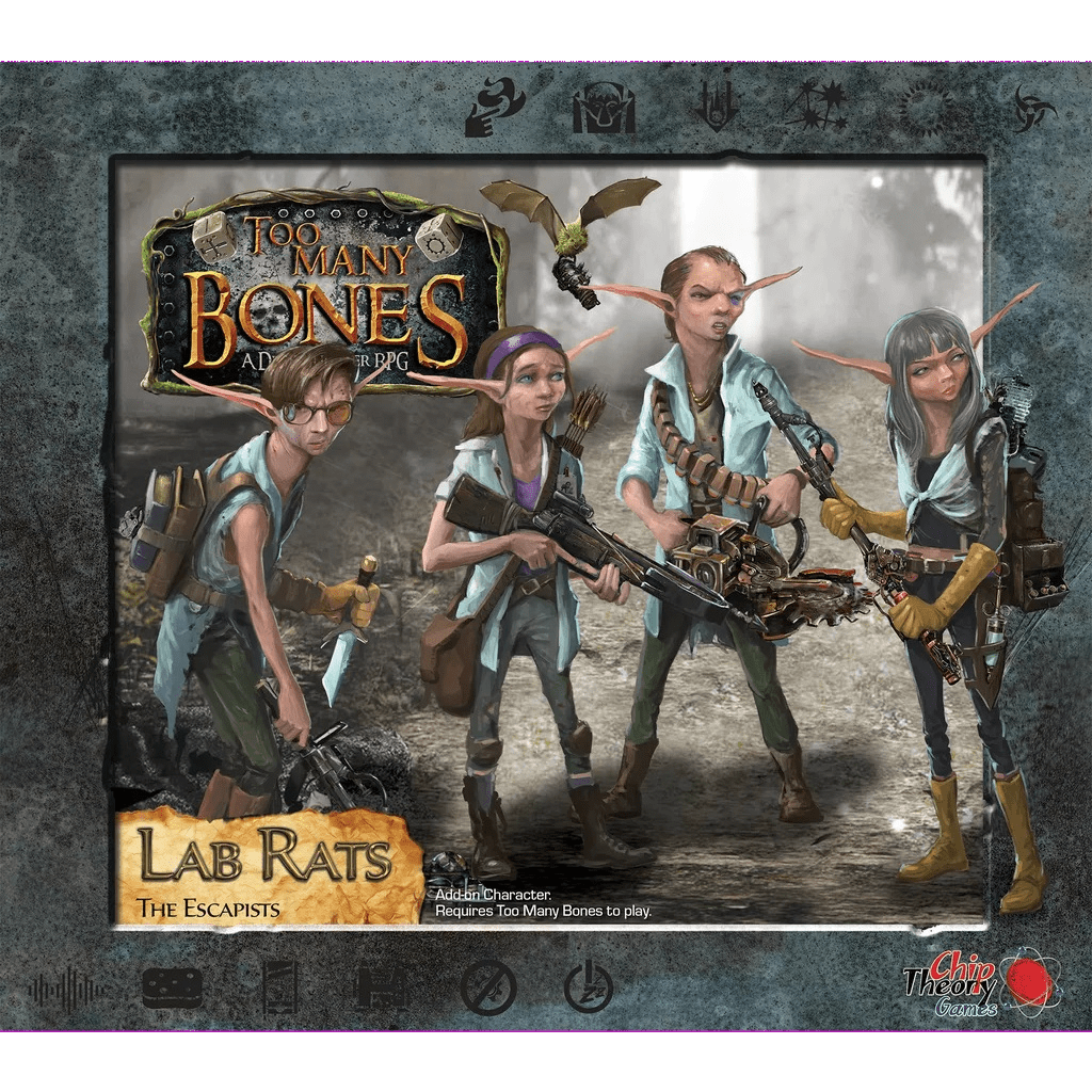 Four adventurous goblin Gearlocs in blue, armed with gadgets and weapons, pose before a Too Many Bones: Lab Rats Add-on Character box by Chip Theory Games, with game icons and a mechanical bat in the background.
