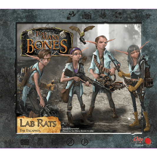 Four adventurous goblin Gearlocs in blue, armed with gadgets and weapons, pose before a Too Many Bones: Lab Rats Add-on Character box by Chip Theory Games, with game icons and a mechanical bat in the background.