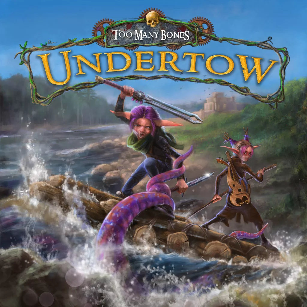Two fantasy heroes, sword and lute in hand, stand on rocks by a river battling a giant purple tentacled creature. "Too Many Bones: Undertow" by Chip Theory Games offers a thrilling cooperative board game adventure.