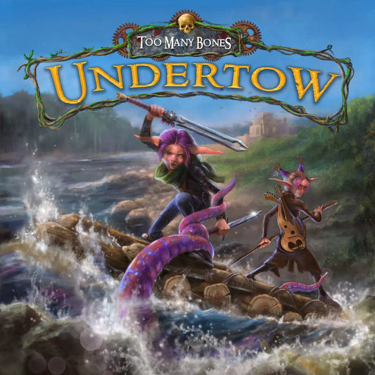 Two fantasy heroes, sword and lute in hand, stand on rocks by a river battling a giant purple tentacled creature. "Too Many Bones: Undertow" by Chip Theory Games offers a thrilling cooperative board game adventure.
