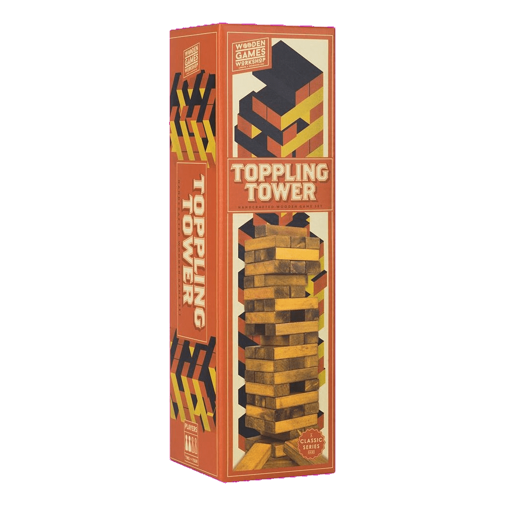 A rectangular box labeled Toppling Tower features an image of a stacked wooden block tower game. The orange packaging with geometric patterns shows the Professor Puzzle logo, making it a favorite classic game.