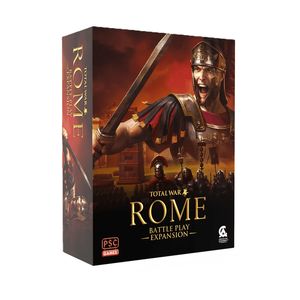 The box of CCC Games' Total War: ROME The Board Game Battle Play Expansion shows an armored Roman soldier shouting and pointing, backed by troops and ancient ruins, evoking the excitement of epic tactical battles.