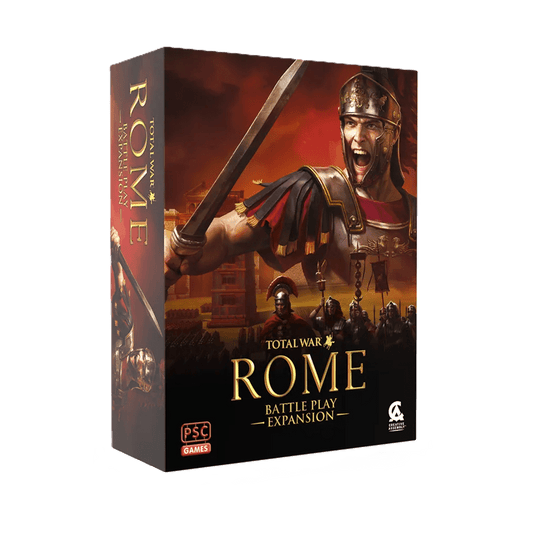 The box of CCC Games' Total War: ROME The Board Game Battle Play Expansion shows an armored Roman soldier shouting and pointing, backed by troops and ancient ruins, evoking the excitement of epic tactical battles.