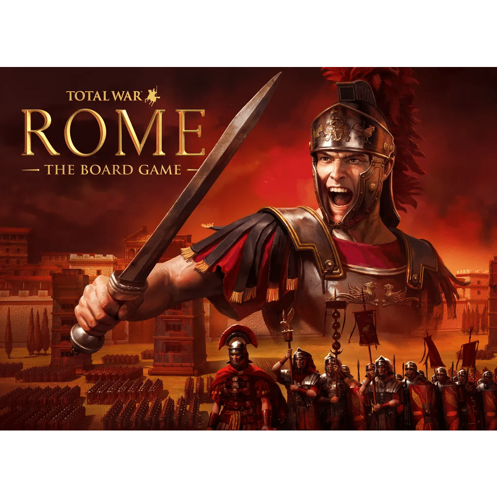 A striking image for CCC Games’ Total War: ROME The Board Game (Damaged) features a Roman soldier in armor raising his sword, with legions and ancient city buildings behind, capturing the epic spirit of the Ancient World.