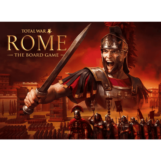 A striking image for CCC Games’ Total War: ROME The Board Game (Damaged) features a Roman soldier in armor raising his sword, with legions and ancient city buildings behind, capturing the epic spirit of the Ancient World.