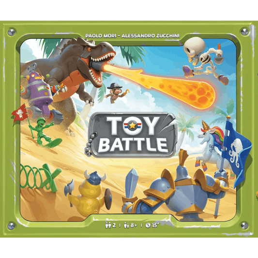The cover of Toy Battle Nederlandse Editie by Repos shows speelgoedtroepen clashing on a beach: a fire-breathing T-rex attacks a skeleton and robot, while knights, a pirate duck, and a winged unicorn join the gevechtsspel.