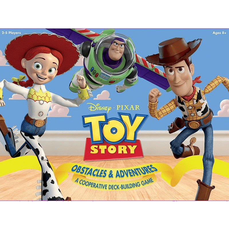 The Toy Story: Obstacles and Adventures board game by USAopoly features Jessie, Buzz Lightyear, and Woody on the cover. This cooperative deck-building family game is for 2-5 players ages 8+, perfect for fun adventures together.
