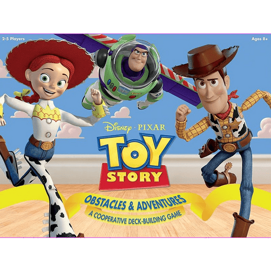 The Toy Story: Obstacles and Adventures board game by USAopoly features Jessie, Buzz Lightyear, and Woody on the cover. This cooperative deck-building family game is for 2-5 players ages 8+, perfect for fun adventures together.