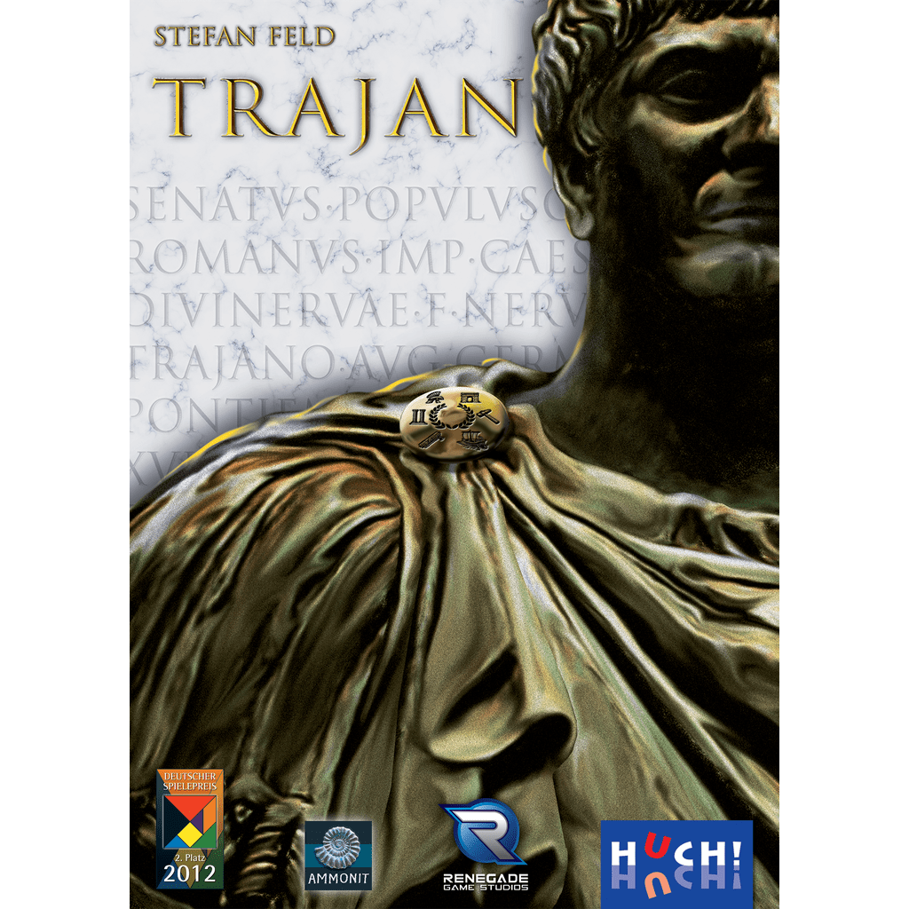 A close-up of a bronze statue of Roman Emperor Trajan with "Trajan" and the designer’s name above. The Huch logo appears at the bottom over a marble background, reflecting this ancient Rome strategy board game.