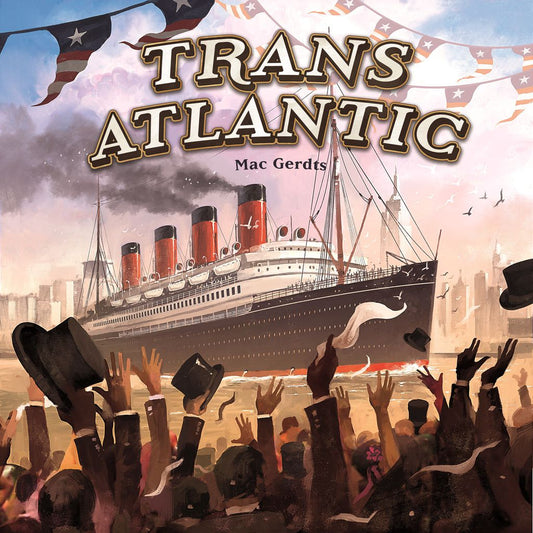 The product "TransAtlantic EN/DE" from PD-Verlag features a grand ocean liner with red and black smokestacks near a city as crowds celebrate. Star banners evoke the golden age of steamships, with the title "TransAtlantic" displayed at the top.