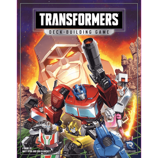 The cover of the Transformers Deck-Building Game from Renegade Game Studios features Optimus Prime at the center, iconic Autobots, the Autobot symbol, Primus’s face, and looming Decepticons in the background.
