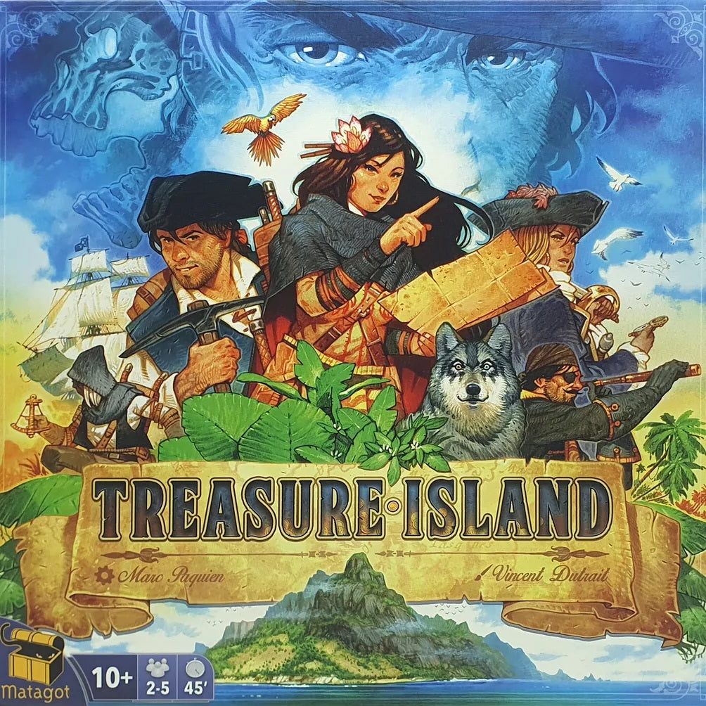 The Matagot Treasure Island board game’s colorful cover shows pirates with maps and weapons, Long John Silver, a woman with a parrot, a wolf, and a ship by an island beneath a large blue face. Game info icons appear at the bottom.