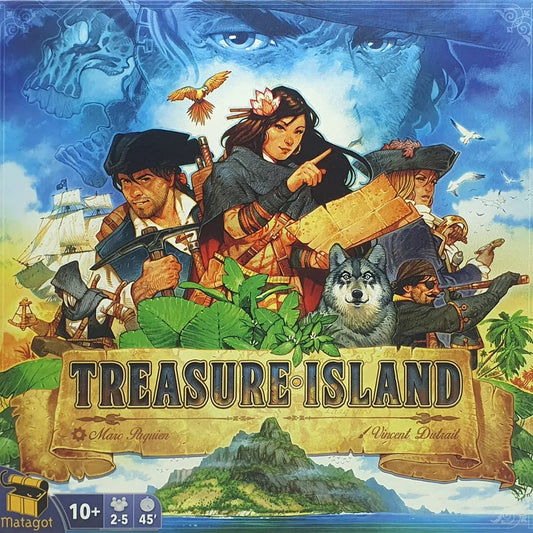 The Matagot Treasure Island board game’s colorful cover shows pirates with maps and weapons, Long John Silver, a woman with a parrot, a wolf, and a ship by an island beneath a large blue face. Game info icons appear at the bottom.