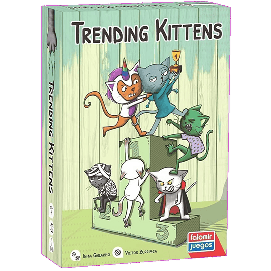 Trending Kittens by Falomir Juegos comes in a vibrant box with cartoon cats in trendy outfits on a winners podium—ideal for fans of playful board games.