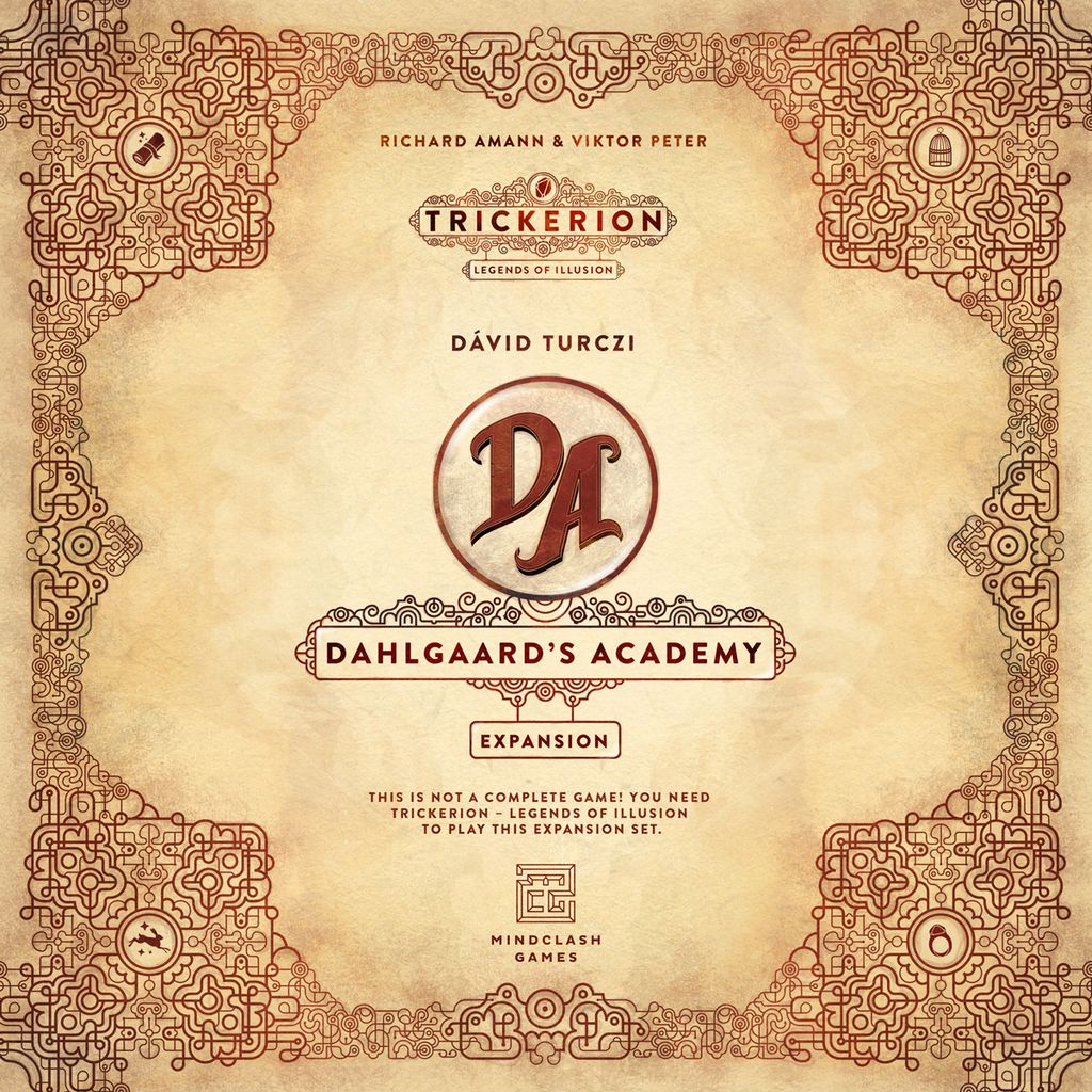 The image displays the ornate box cover for Trickerion: Dahlgaard's Academy Expansion by Mindclash Games, highlighting intricate borders, magical motifs, and a notice that the base game is required.