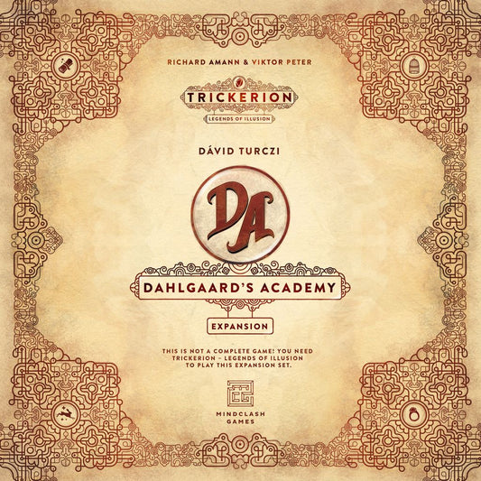 The image displays the ornate box cover for Trickerion: Dahlgaard's Academy Expansion by Mindclash Games, highlighting intricate borders, magical motifs, and a notice that the base game is required.