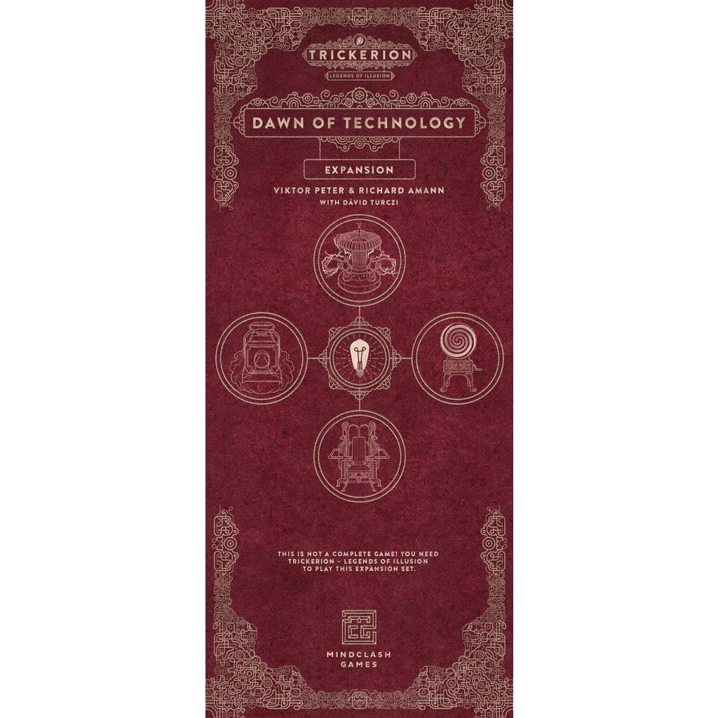 Maroon game box cover for Trickerion: Dawn of Technology Expansion by Mindclash Games, featuring ornate borders, five outlined machinery icons for the Contraptions module, and white text crediting the creators.