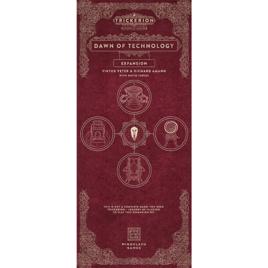 Maroon game box cover for Trickerion: Dawn of Technology Expansion by Mindclash Games, featuring ornate borders, five outlined machinery icons for the Contraptions module, and white text crediting the creators.