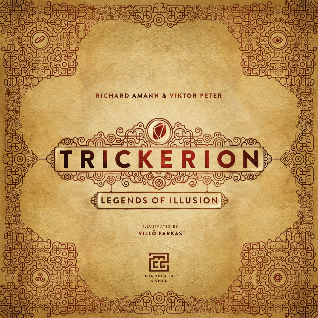 The cover of Mindclash Games' Trickerion: Legends of Illusion displays intricate golden patterns on a textured background, emphasizing its stage illusionist theme with the bold title at the center.