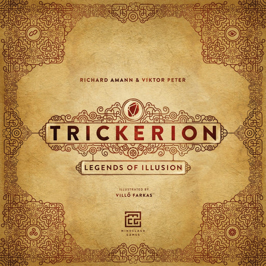 The cover of Mindclash Games' Trickerion: Legends of Illusion displays intricate golden patterns on a textured background, emphasizing its stage illusionist theme with the bold title at the center.