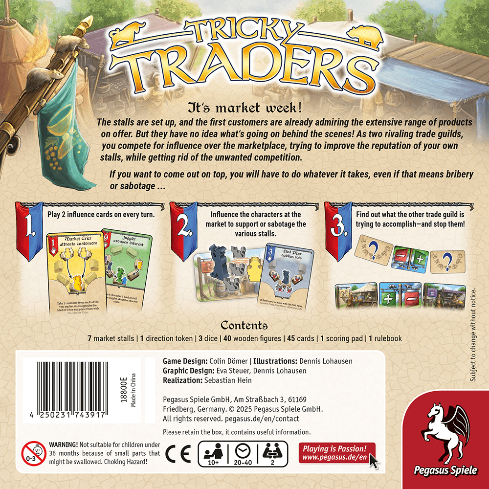 The back of the Tricky Traders box showcases game instructions, components, sample influence cards, and colorful animal market scenes. The Pegasus Spiele logo appears at the bottom right.