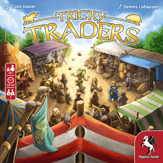The box front shows Tricky Traders by Pegasus Spiele, featuring a lively medieval market with animal characters using influence cards to trade goods. Game details and the Pegasus Spiele logo are also displayed.