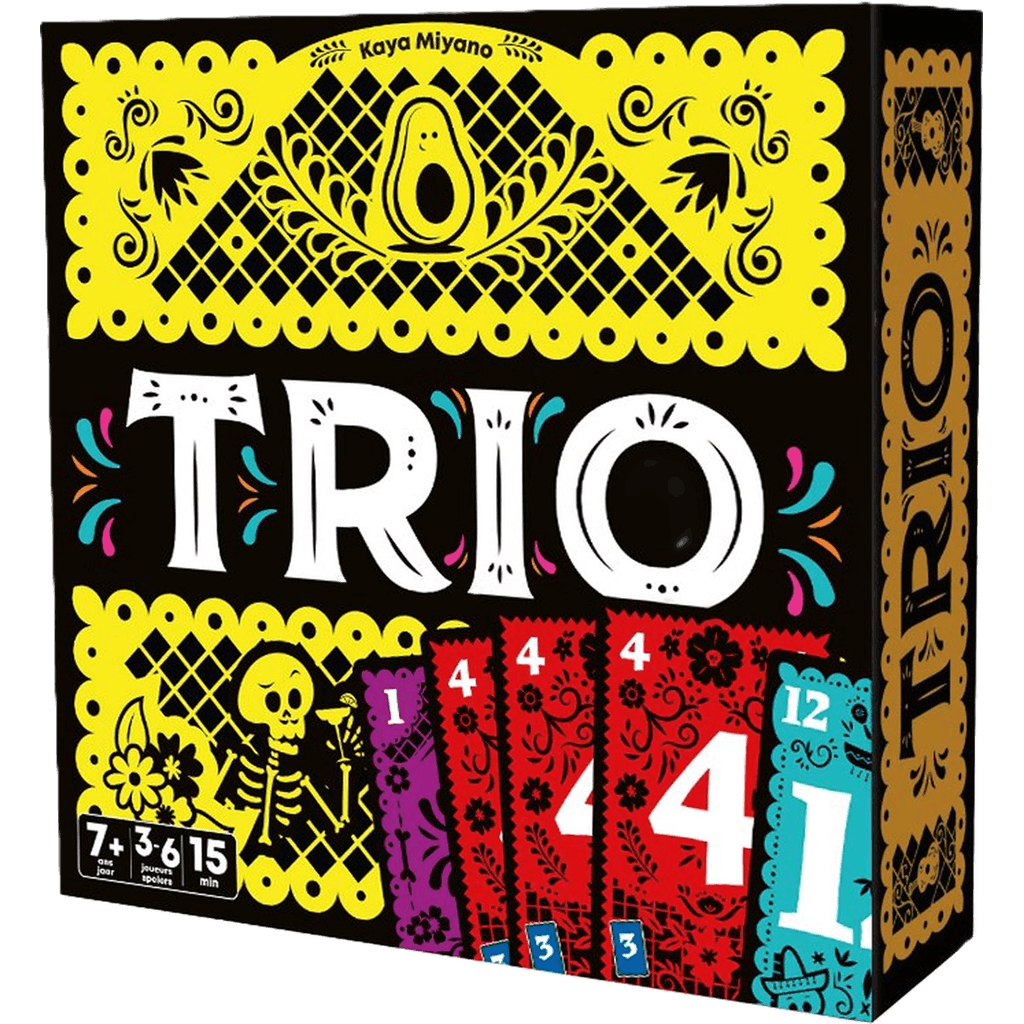 The image displays the vibrant box for Trio NL/FR by Cocktail Games, adorned with yellow, white, and black patterns featuring a skeleton, playing cards, and the bold game title.