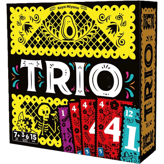 The image displays the vibrant box for Trio NL/FR by Cocktail Games, adorned with yellow, white, and black patterns featuring a skeleton, playing cards, and the bold game title.