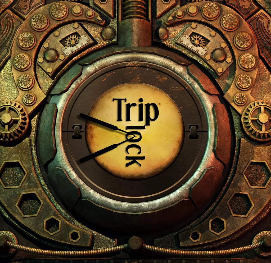 A steampunk clock inspired by Triplock from Chip Theory Games, with gears, metal details, and black hands pointing to "Trip" and "Lock" in a circle instead of numbers—just like in the lock-picking game.