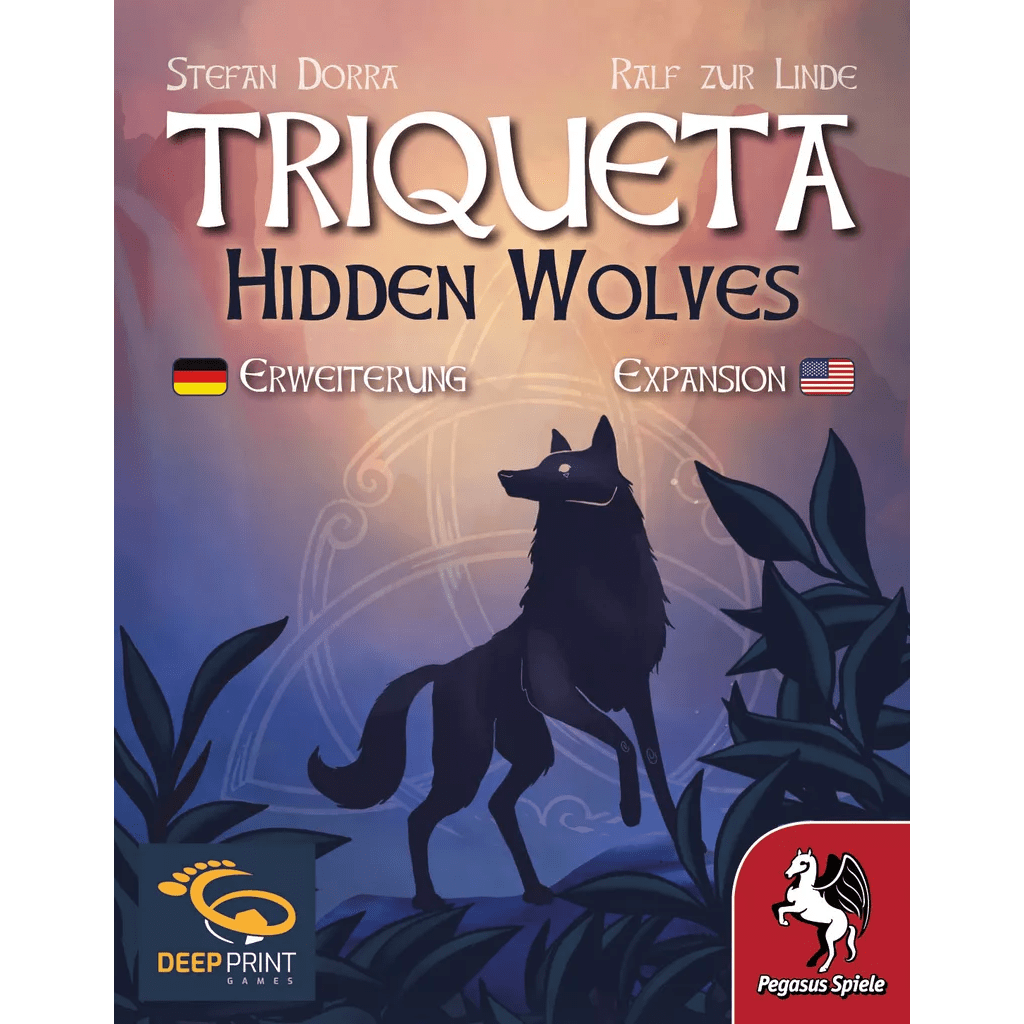 The Triqueta: Hidden Wolves Expansion game box by Pegasus Spiele features a wolf silhouette amid leaves, suggesting new shadow animal tokens, with German and U.S. flags and the Pegasus Spiele logo displayed.