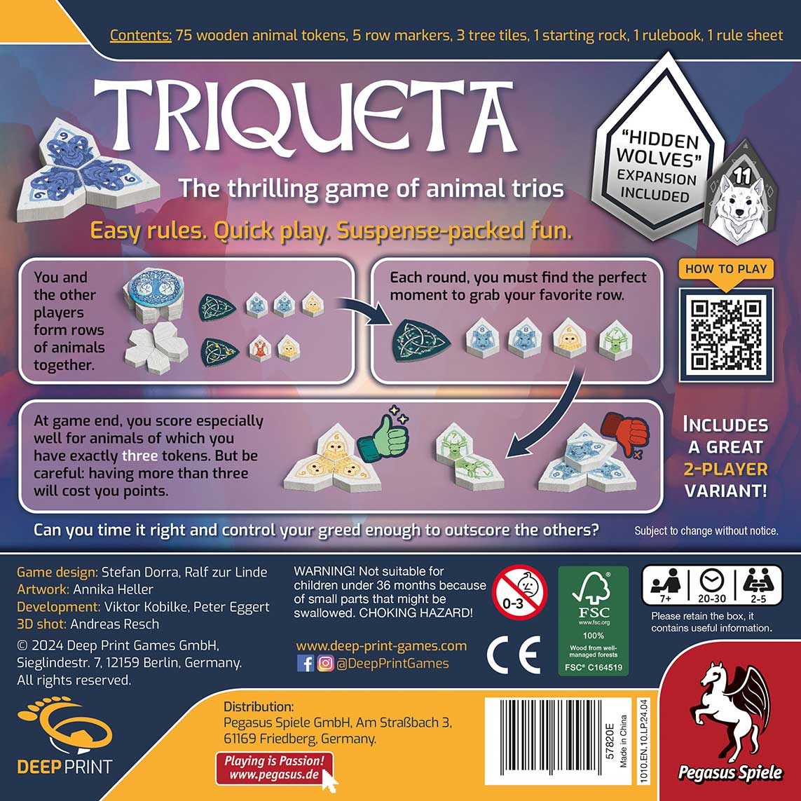 The back of the Triqueta Second Edition box by Pegasus Spiele showcases vibrant animal token images, concise rules, game highlights, age suitability, content info, and company logos—making it an ideal family board game.