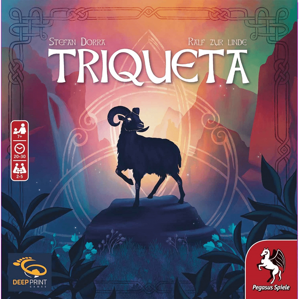 The Triqueta box art from Pegasus Spiele shows a goat silhouette with curved horns on a rock amid foliage and a mystical, colorful background—perfectly reflecting this family animal token collecting game.