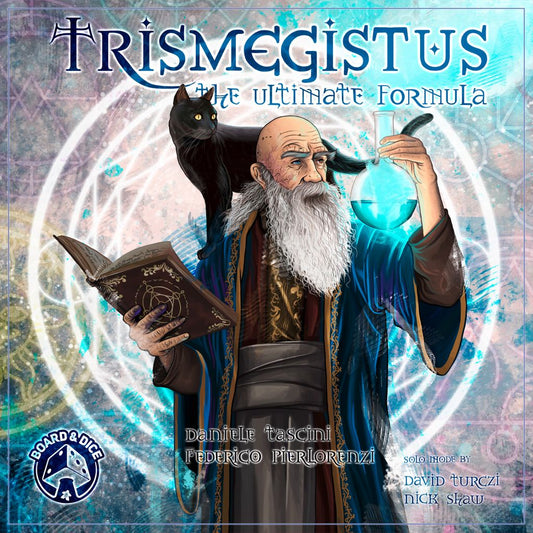 An elderly wizard with a long white beard holds a glowing blue potion and an open book, a black cat on his shoulder and magical symbols swirling behind him. Text reads: Trismegistus: The Ultimate Formula by Board&Dice, the acclaimed alchemy board game.
