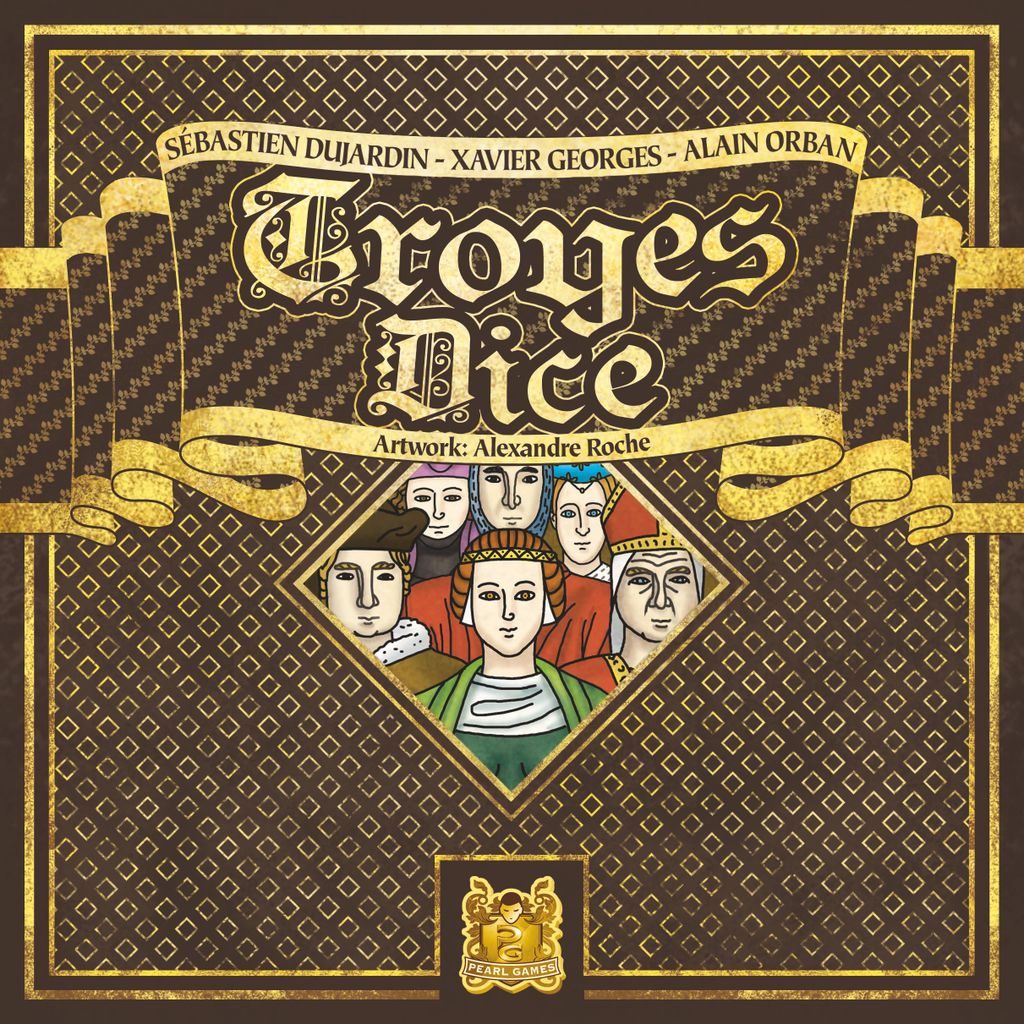 The cover of Pearl Games' Troyes Dice, a medieval roll-and-write game, shows six people in ornate clothing beneath a banner displaying the game's title, designers’ names, and gold patterns.