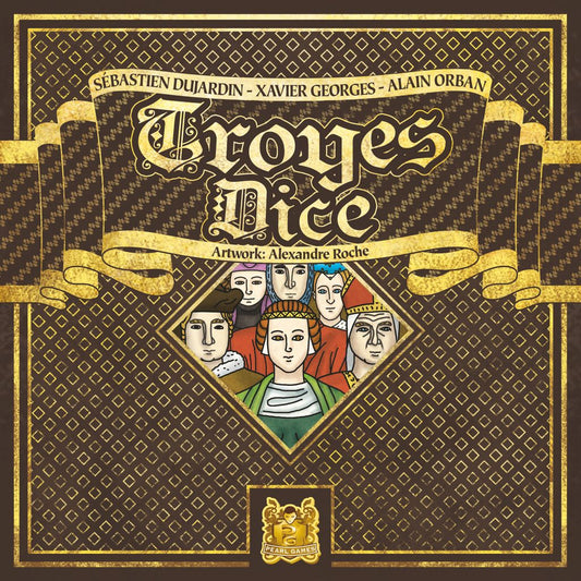 The cover of Pearl Games' Troyes Dice, a medieval roll-and-write game, shows six people in ornate clothing beneath a banner displaying the game's title, designers’ names, and gold patterns.