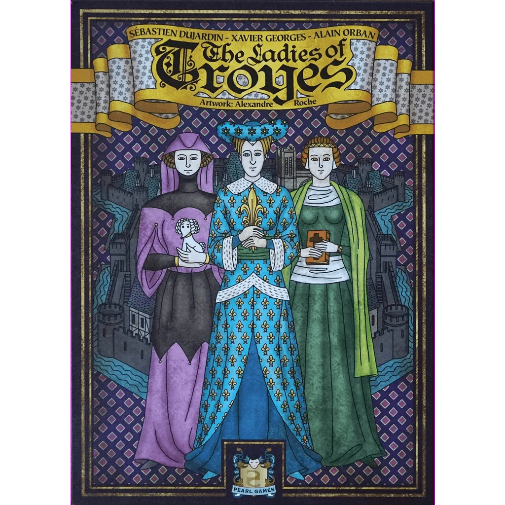 The Troyes: The Ladies of Troyes Expansion by Pearl Games features an illustrated cover with three medieval women in ornate robes, cityscape background, and includes new Character cards and decorative banners for the board game.