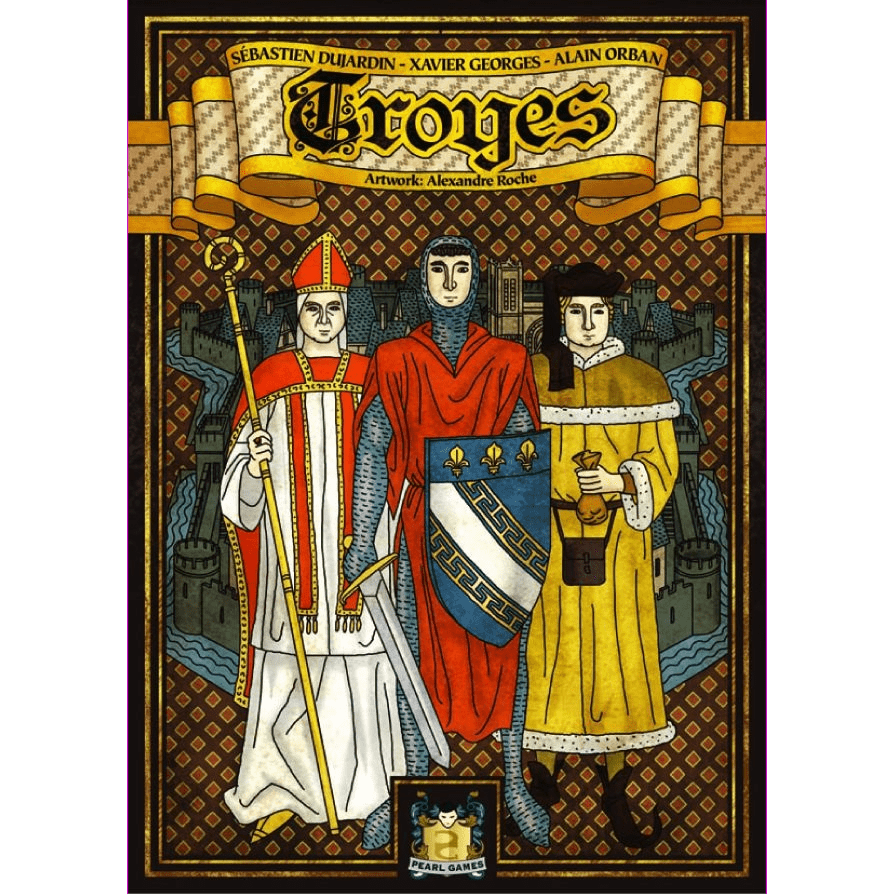 Illustrated cover for Pearl Games' Troyes board game set in France's Champagne region, featuring a bishop, a knight with a blue shield, and a noblewoman before an ornate background. The title "Troyes" appears prominently at the top.