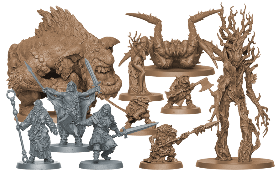 The Cool Mini Or Not Trudvang Legends Darkwoods Expansion features unpainted gray and brown miniatures, including warriors, a forest creature, a monstrous beast, a crab-like monster, and armored figures with weapons.