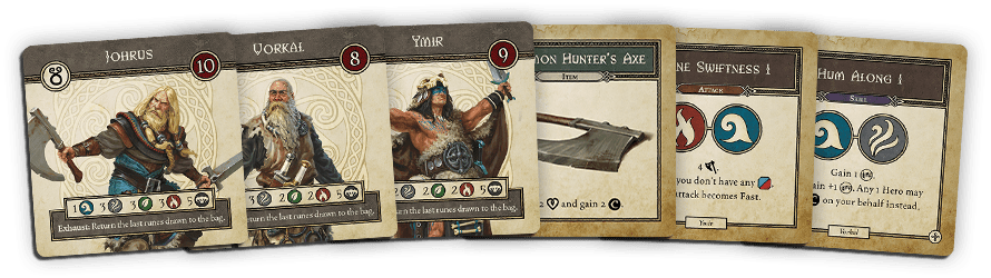 The Trudvang Legends Darkwoods Expansion by Cool Mini Or Not features seven Viking-inspired cards with illustrated characters like Jofur, Yorial, and Ymir, plus equipment and skill cards marked with forest symbols.