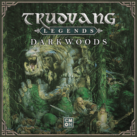 The box cover of Cool Mini Or Not’s Trudvang Legends Darkwoods Expansion features heroes confronting a giant beast in a shadowy forest, with the title crowning epic artwork that promises adventure and danger.