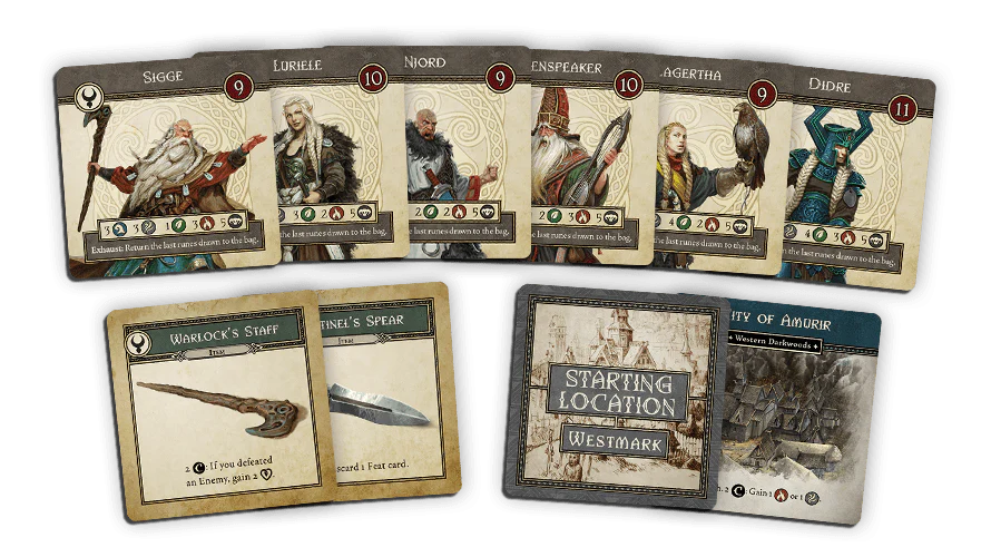 The Trudvang Legends Westmark Expansion by Cool Mini Or Not includes six illustrated character cards (with the new Sentinel class), two weapon equipment cards, and two location cards: Starting Location: Westmark and City of Amour.