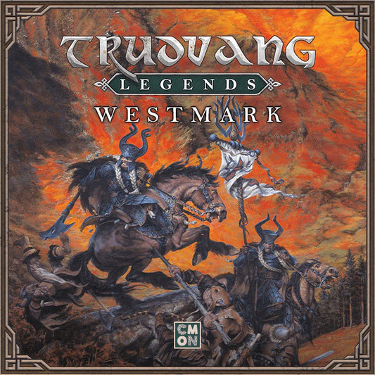 Fantasy art of armored warriors with horned helmets on horseback against a fiery sky, showcasing Cool Mini Or Not's Trudvang Legends Westmark Expansion and its new Sentinel class in the midst of a religious war campaign.