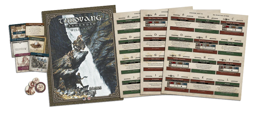 The Trudvang Legends Wildland Expansion by Cool Mini Or Not includes a rulebook with two armored figures on a snowy mountain, plus reference sheets, character cards, and round tokens for your adventure board game.