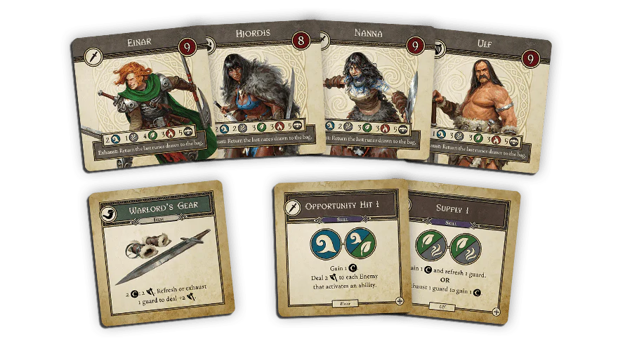 Trudvang Legends Wildland Expansion by Cool Mini Or Not features four Viking character cards and three action or item cards, each with portraits, stats, equipment, and abilities—ideal for enhancing your adventure board game.