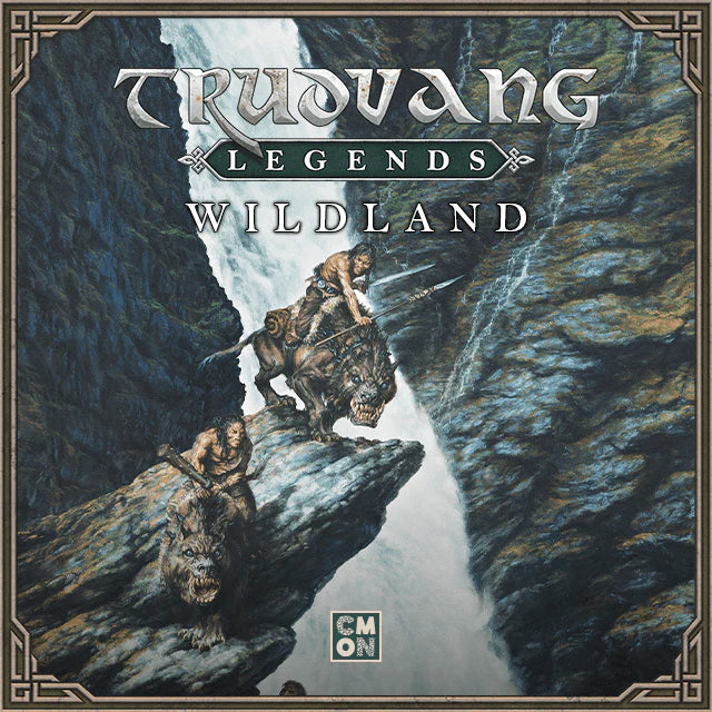An epic fantasy scene for Cool Mini Or Not’s Trudvang Legends Wildland Expansion depicts two armed warriors astride big feline beasts atop a rocky cliff with a waterfall, representing this adventure board game campaign. The game title is shown above.