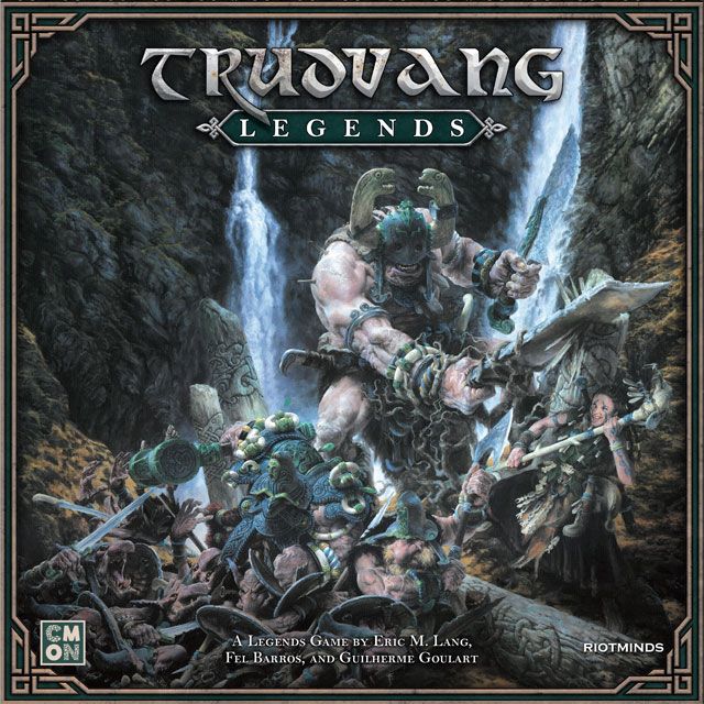 The box art for Cool Mini Or Not’s Trudvang Legends depicts a giant warrior with a weapon among armored heroes in a rugged, waterfall-filled landscape, reflecting Nordic and Celtic myth inspiration. The game’s title is displayed at the top.