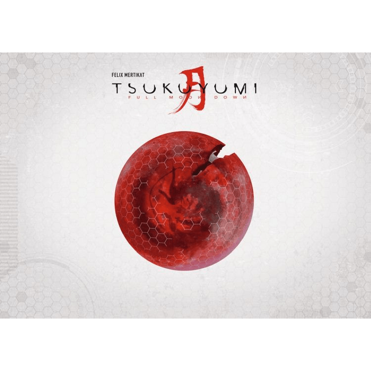 A cracked red, hexagon-patterned moon is centered on a white background. Above, "Tsukuyumi: Full Moon Down (Second Edition) – Grey Fox Games" appears, reflecting its strategic board game play and luck-free mechanics.